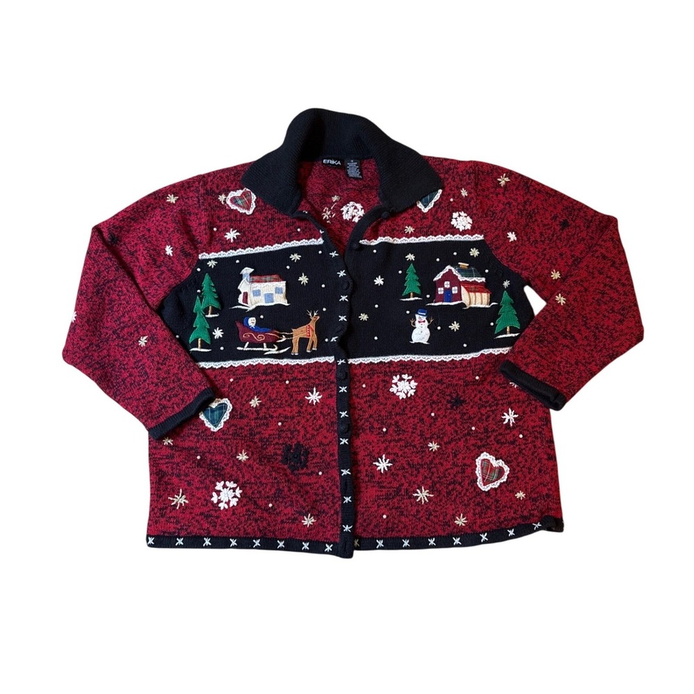 Erika Cardigan Sweater Women‎ Red Black Holiday Winter Reindeer SIZE 1X